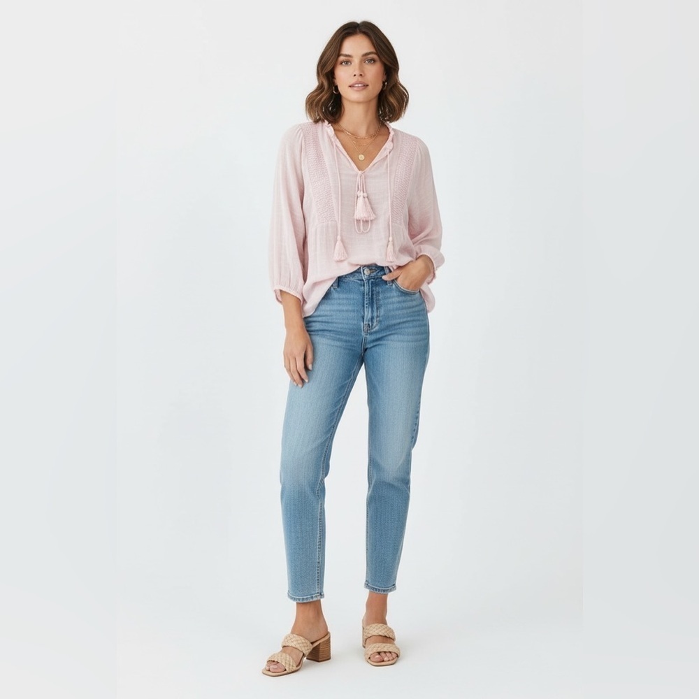 Yarn & Sea Blush Pink Boho Tassel Tie Long Sleeve Top Small